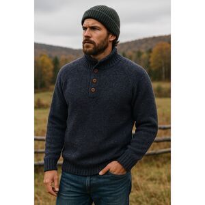 L.L. Bean 100% Lambswool Sweater Mock Neck Pullover Navy Large Tall Chunky Knit